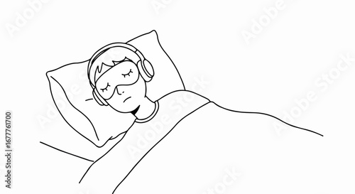 Sleeping man with sleep mask and headphones relaxing in bed, a simple illustration. Sleeping man enjoys peaceful rest, blocking out noise and light.