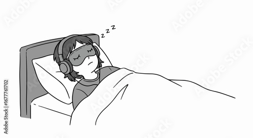 Person Sleeping soundly in bed with eye mask and headphones, showcasing peaceful rest. Person Sleeping in bed illustrates cozy bedroom scene, highlighting tranquility.