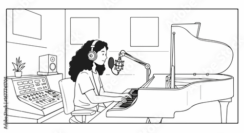 Recording session with pianist playing song on piano in studio with microphone. Recording session brings artist and music together for the recording, mixing, and mastering process.