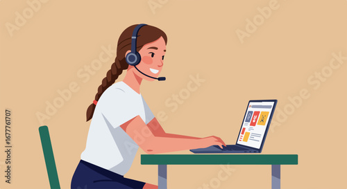 Young woman using a laptop for online support, offering customer support with a friendly smile. Online support operator wearing headset and working on laptop for her clients.