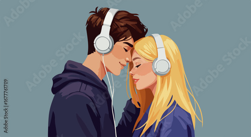 Young couple listening to music with headphones, enjoying romantic moment together. Romantic moment shows love and connection between two young people.