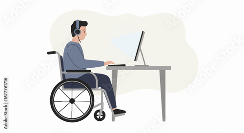 Man in wheelchair working at computer. Man in wheelchair is at desk and focuses on screen for work or study, showing inclusion and accessibility. He is working at computer in an inclusive environment.