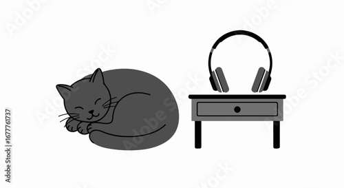 Sleeping cat on floor beside table with headphones creates cozy scene. Sleeping cat rests peacefully, symbolizing comfort and relaxation, with audio headphones.