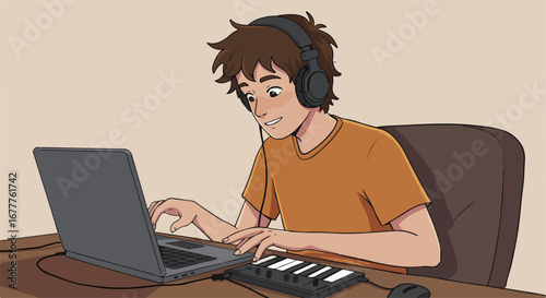 Young man making music using midi keyboard and laptop for a music project. Music creation includes midi keyboard, headphones, laptop and mouse for his hobby. Digital music project,