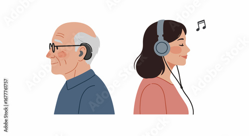 Hearing aid and headphones depicting different generations enjoying music, each in their own way. Senior man using hearing aid listens attentively,