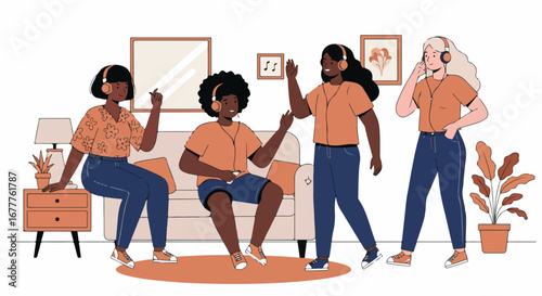Diverse women dancing, enjoying music with headphones in living room setting. Diverse women are moving and dancing together to the rhythm of the music, enjoying their time in a cozy indoor setting,