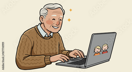 Senior using laptop for video call, smiling with joy, connecting with family. Senior enjoying video call with loved ones, demonstrating ease with technology and a warm connection.