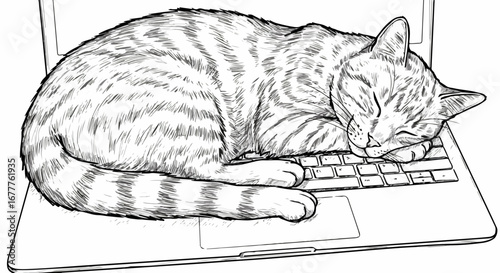 Tabby cat sleeps soundly on laptop keyboard in sketch, cute tabby cat sleeps, creating artistic and playful image. Sleepy tabby cat relaxes near computer, inviting warmth, laziness and creativity.