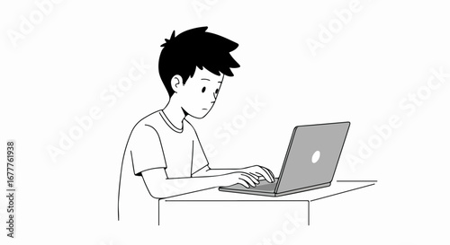 Boy using laptop for school work depicted in monochrome, boy using laptop for learning and completing assignments. Focused boy using laptop at table, showcasing student studying and doing homework.