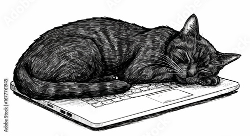 Adorable cat sleeping soundly on computer keyboard, adorable cat napping without a care in world. Comfortable feline and device showing companionship and relaxation,