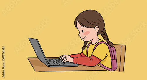 Child using laptop at desk with a happy expression, this child using laptop shows the eagerness to learn. Cute child using laptop to engage in learning activities,