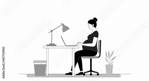 Pregnant woman working at desk, shown in grayscale, with lamp and houseplant. Pregnant woman is focused on her work, seated comfortably and looking at laptop screen.