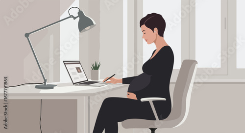 Pregnant woman working at desk in office. Pregnant woman focuses on her computer screen, sitting at ergonomic desk, light streaming through the window,