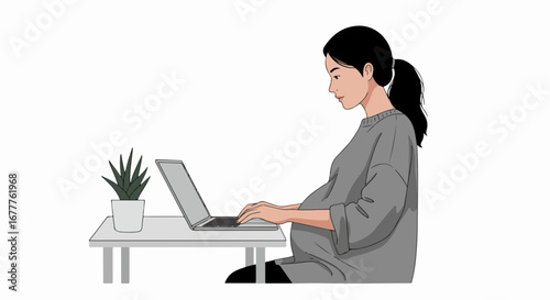 Working mom at desk using laptop computer, engaged in remote work. Working mom types at keyboard, near houseplant, and wears casual clothing, balancing work life with pregnancy.