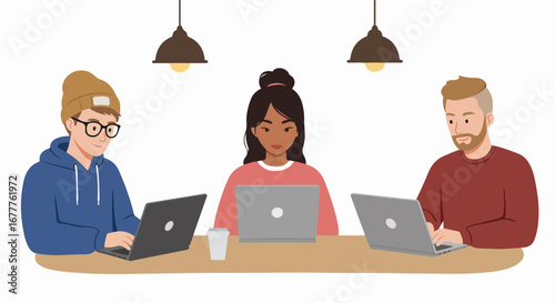 Three coworkers working, using laptops, collaborating on shared project. Coworkers are collaborating sitting together at desk, team members focused on project, sharing insights and creative ideas.