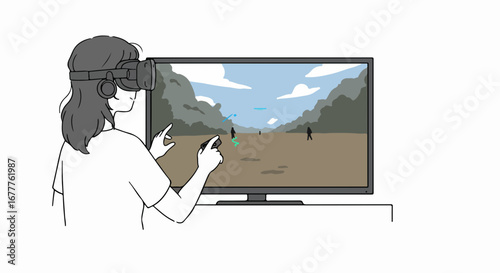 Enjoying virtual reality with VR headset and controllers in front of television screen showing game environment. Playing virtual reality offers immersive entertainment at home,