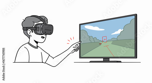 Virtual reality application showcasing user interaction with TV display, experiencing driving simulation game. Virtual reality brings immersive experience,