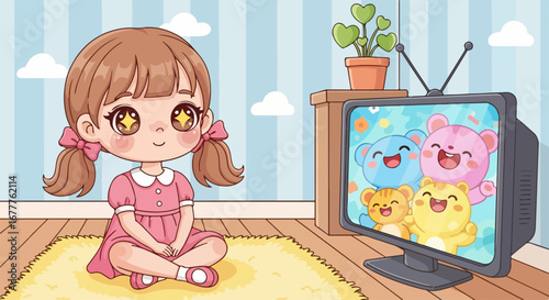 Little girl watching TV with colorful bears on screen, shows joyful innocence. Little girl is captivated by cartoon bears on television in her living room, wearing a pink dress and smiling happily.