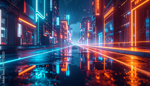 A futuristic city street glows with neon lights on a rainy night.