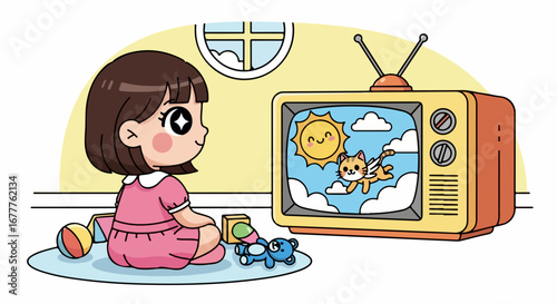 Young girl watching cartoon, engrossed in children's television with sun and cat animation. Little girl enjoys children's television, seated near toys and window.