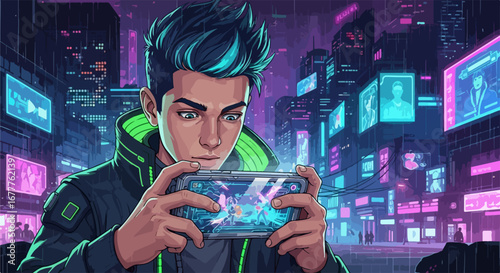 Man playing game on smartphone in cyberpunk cityscape, illuminated by neon billboards, a vibrant night scene. Man playing game with passion amidst towering, high tech architecture.