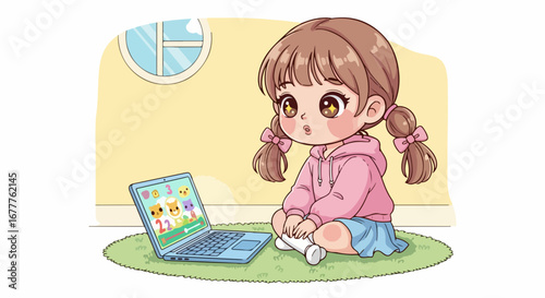 Little girl using laptop shows animation with dogs, sitting in room. Little girl looking at screen, surprised by online content. Little girl using laptop concept for children's education,