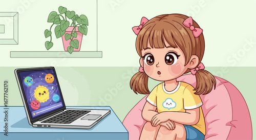 Little girl using laptop to explore educational content online. Little girl studies with a laptop and displays an educational game. Online little girl learns through interactive technology,