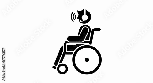 Person in wheelchair using headset to communicate and connect, person in wheelchair. This person in wheelchair icon presents representation, showing disability and communication.