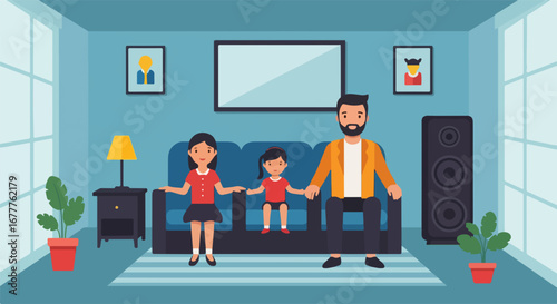 Family portrait in living room with mother, father, and child posing together on sofa. Family portrait emphasizes connection and happiness, creating a cozy atmosphere within home interior.