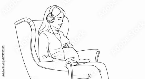 Pregnant woman drawing relaxing in armchair, listening to music with headphones. Pregnant woman drawing illustration shows relaxation and connection.
