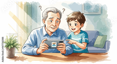 Grandson teaching grandpa, showing him smartphone on sofa in living room. Grandson helps his grandparent, demonstrating features on his phone, while they are learning technology together.