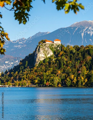 Autumn lake vista with mountain castle