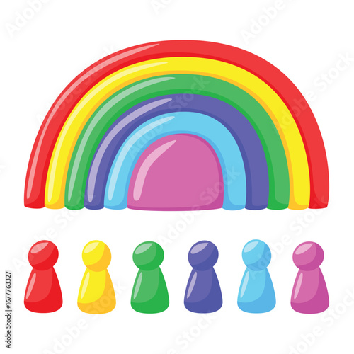 Montessori rainbow toy with colorful figures, educational stacking game for kids, flat design.