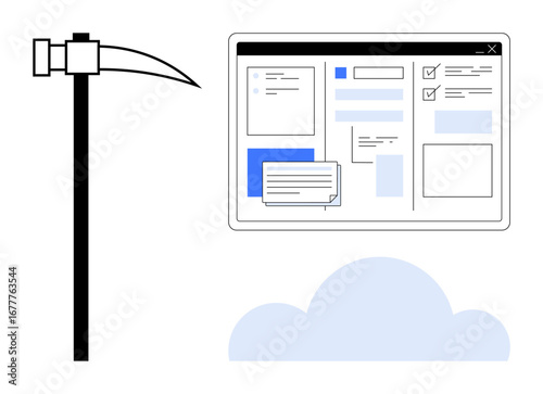 Digital dashboard with forms, charts, and checkboxes, pickaxe image, and cloud icon. Ideal for data mining, cloud computing, technology, analytics software development business management