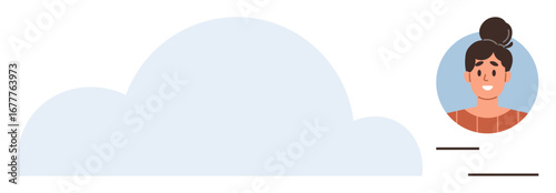 Blue cloud next to female avatar with details line element. Ideal for cloud computing, profile setup, social media, personalization, data storage, networking, communication. Simple flat metaphor