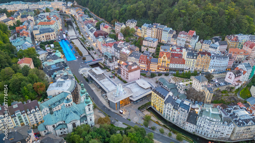 Sunset panorma view of Karlovy Vary and its hotels in Czech repu