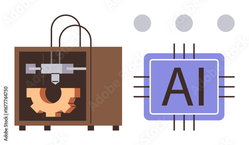 Advanced 3D printer crafting a gear model beside a microchip labeled AI. Ideal for innovation, automation, engineering, manufacturing, robotics, technology, machine learning. Simplified flat metaphor