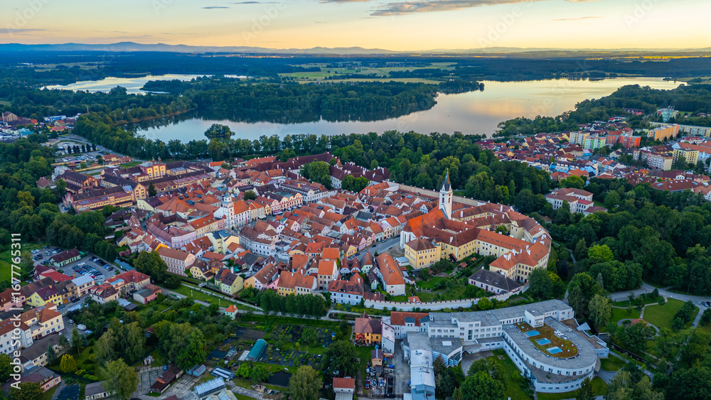 Naklejka premium Sunset panorama view of Trebon, Czech republic