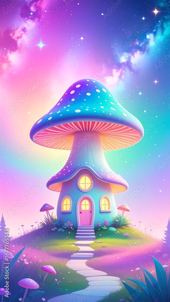Fototapeta premium Magical mushroom house in a vibrant galaxy