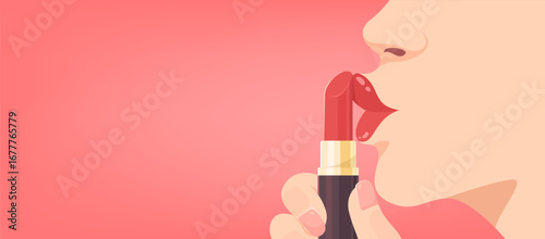 Beautiful woman with red lips is kissing red lipstick flat vector illustration isolated on pink background. Template for cosmetics advertising, fashion, beauty banner, blog, Lip cosmetic products.