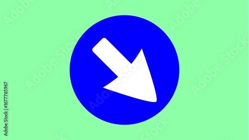 Animated white arrow pointing down on blue circle, green background.