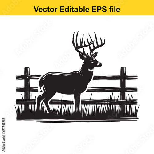 A whitetail silhouette of a majestic buck deer standing behind a wooden fence and grass