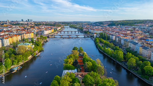 Aerial view of Vltava river in Prague, Czech republic