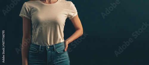 Close-up of a woman's torso, showcasing a cream-colored, short-sleeved t-shirt tucked into mid-rise blue jeans against a dark teal backdrop