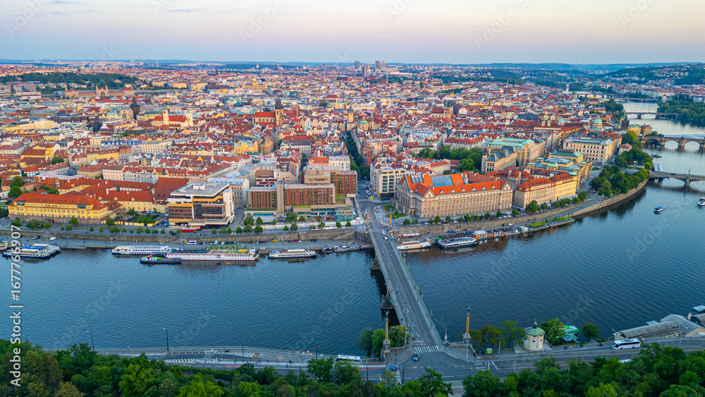 Fototapeta premium Sunset panorama view of Prague from Letna plain, Czech republic