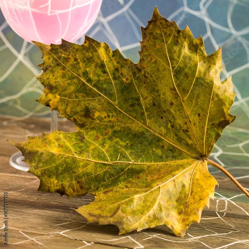 Autumn leaf on wooden surface, blurred background