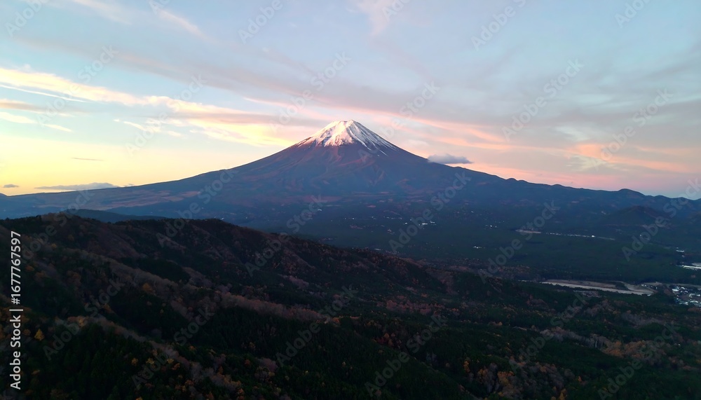 Naklejka premium A breathtaking vista showcasing Mount Fuji at dawn, with layers of hills and forests cascading down to the valley.