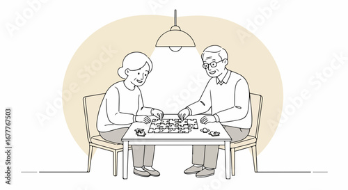 Senior couple playing board game at home together. Elderly man and woman enjoying retirement with chess game on small table.  Happy senior couple playing board games together for leisure and fun.