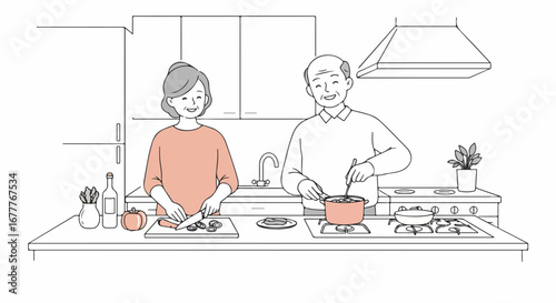 In kitchen, a couple cooks together, enjoying shared time at stove. Cooking together involves cutting vegetables on board while stirring food in pot.