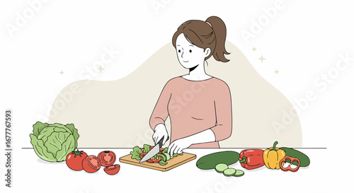 Woman cooking food preparing salad with vegetables on wooden board. Woman cooking food with fresh vegetables, slicing organic greens and cucumbers. Concept woman cooking food for healthy lifestyle.